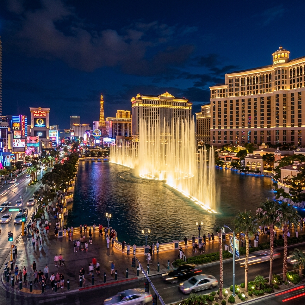 Las Vegas Strip and Fountains at Night