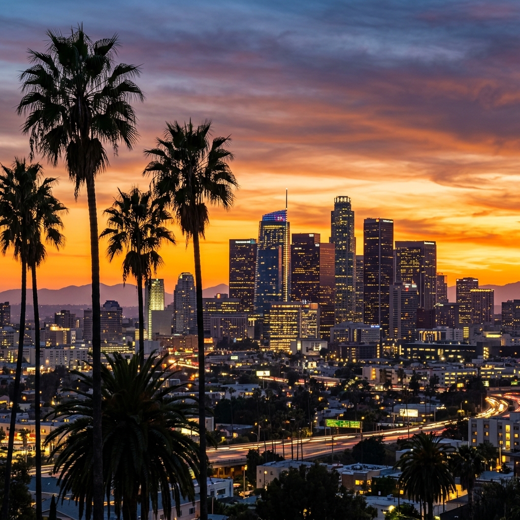 Los Angeles City Skyline with Palm Trees