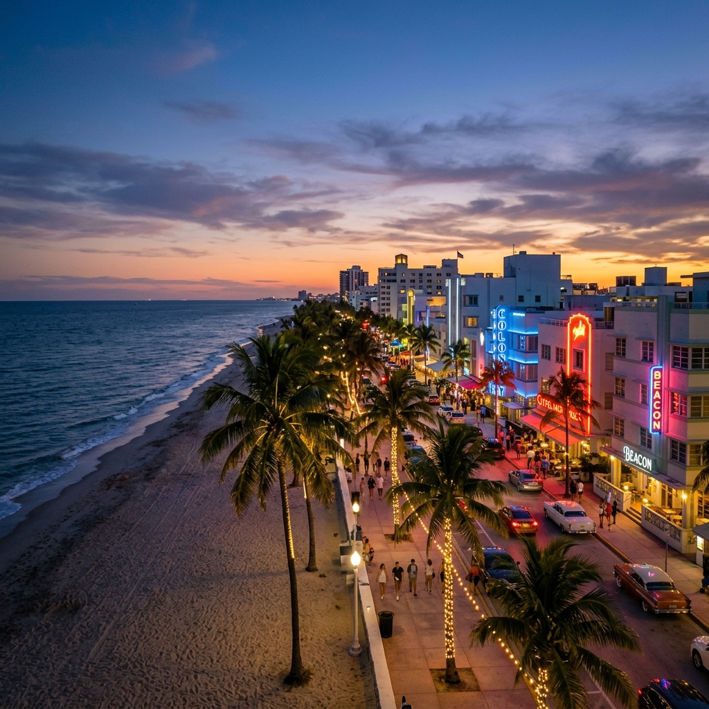 Miami Beach Art Deco Hotels and Palm Trees